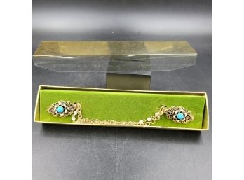 Vintage Sweater Guard Clips With Turquoise Stones- Unused In Original Box