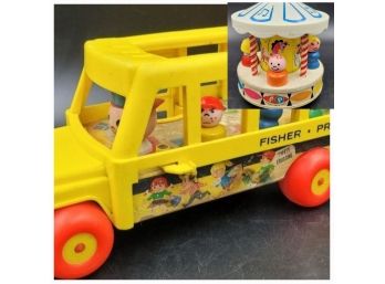 Vintage 1965 Fisher Price School Bus And 6 Students Number - No.192 And Carousel