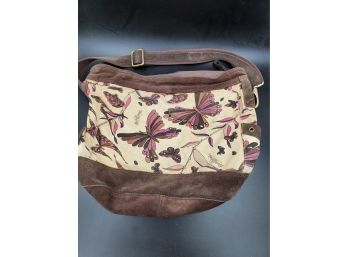 Large Lucky Brand Leather And Canvas Zippered Shoulder Bag - Butterflies