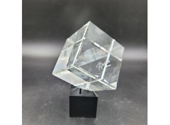 Vintage Large 3' Glass Crystal Riviera, Las Vegas Cube Paperweight Souvenir - Inside Image