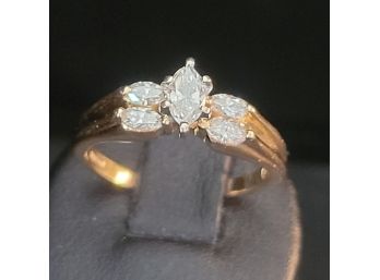 Solid 14k Yellow Gold Marquise Diamond Ring With Side Stones - Size 7.25