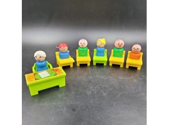 Vintage Fisher Price Wood Teacher, Students, And All Desks!