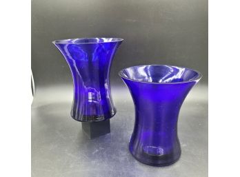 Pair Of 2 Vintage Hand Blown Cobalt Blue Glass Vases