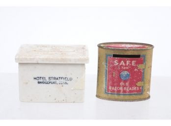 2 Early 1900 Razor Blade Safes - Ceramic Hotel Stratfield Bpt, CT & Tin Williams Shaving & Aqua Velvet  Adv.