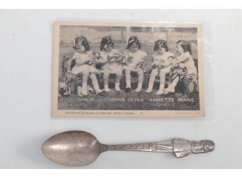 Dione Quintuplets Postcard With Annette Silver Plate Spoon
