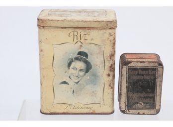 Early 1900's French Riz (Rice) Tin Advertising Canister Along With Westinghouse Automotive Bulb Tin
