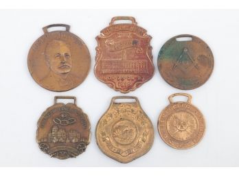 6 Pocket Watch Fobs Dating From Late 1800 To 1920's Including Waterbury (CT), Fraternal, Colby College