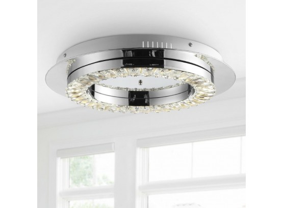JONATHAN Y 18' Glam Integrated Iron/Crystal LED Flush Mount, Chrome/Clear New