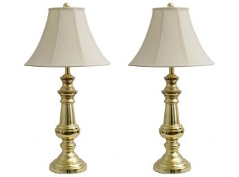 2 Touch Control 32 In. Polished Brass Table Lamp With Faux Silk Shades New