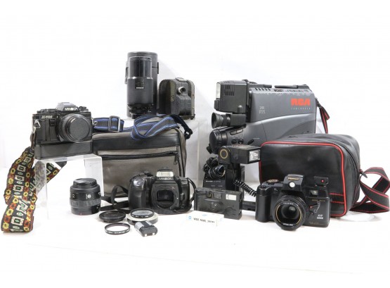 Large Group Of Vintage Camera Equipment Includes Minolta, Lens, Flashes Etc.