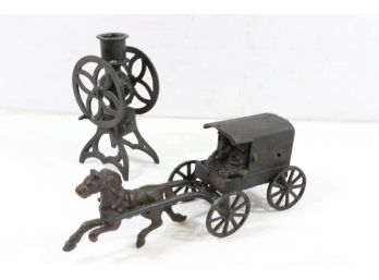 Vintage Cast Iron Amish Horse And Buggy And Mill Candlestick Holder
