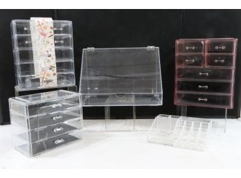 Group Of Lucite/Clear Plastic Storage Items For Makeup And Jewelry