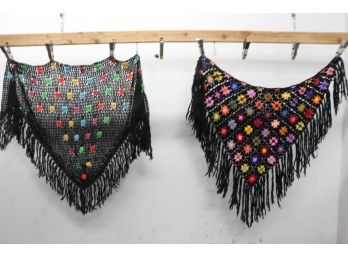 Pair Of Hand Made Crochet Shawls 1960s Rainbow Colors