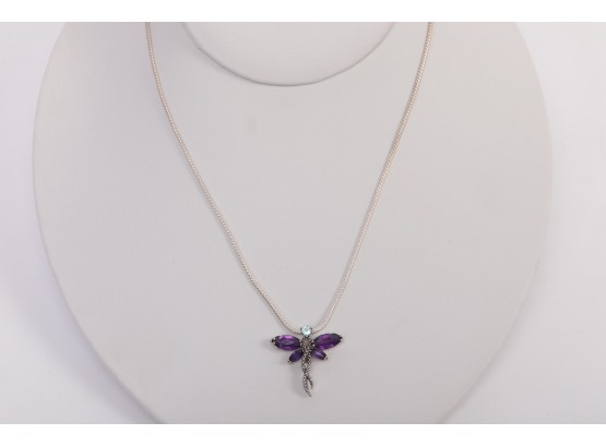 Sterling Silver Neckless With Amethyst And Topaz Dragonfly Pendent
