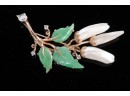 14K Gold Brooch With Diamonds, Jade And Mother Of Pearl