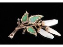 14K Gold Brooch With Diamonds, Jade And Mother Of Pearl