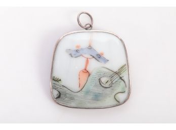 Chinese Sterling Silver Hand Painted Porcelain Pendant