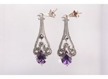 Sterling Silver And Marcasite And Amethyst Earrings