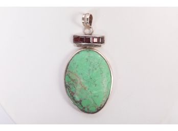 Large Sterling Silver Green Turquoise Pendent With Red Garnets