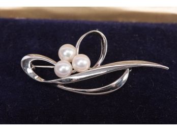 Mikimoto Pearls And Sterling Silver Brooch