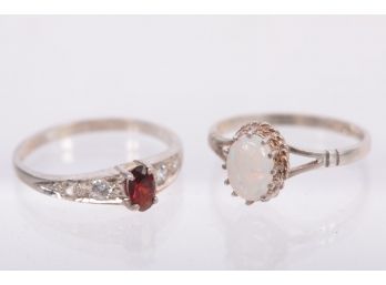 Pair Of English Sterling Silver Rings W/Opal And Garnet
