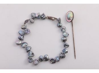 Sterling Silver And Pearl Bracelet With Sterling Stick Pin