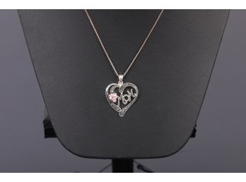 Sterling Silver Mom Pink Stone Heart Necklace