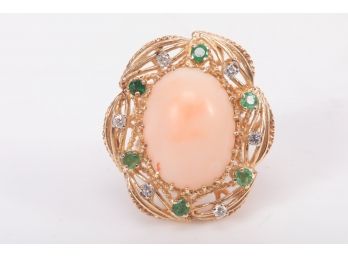 14k Gold Large Coral Emerald Diamond Ladies Ring
