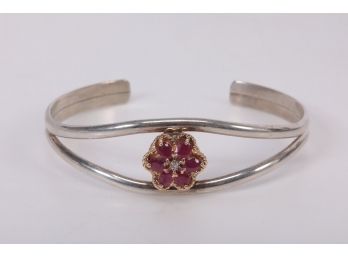 14k Gold And Sterling, Ruby And Diamond Ladies Cuff
