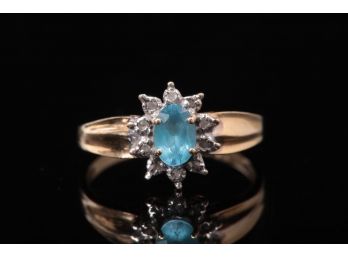 14k Gold Blue Topaz And Diamond Ladies Ring