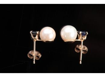 14k Gold Pearl And Sapphire Earrings