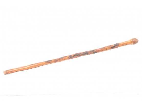 Late 1800 Early 1900 Hand Carved Snake Top To Bottom Bamboo Walking Stick With Top Compartment
