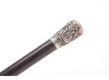 Late 1800 800 Silver Oriental Decorated Head Walking Stick