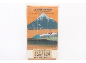 1930 A Cristofando Waterbury CT Calendar With Hand Painted Japanese Scene On Bamboo Top