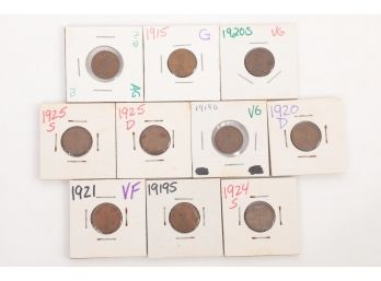 Lot Of 10 Vintage US Pennies 1915-1925