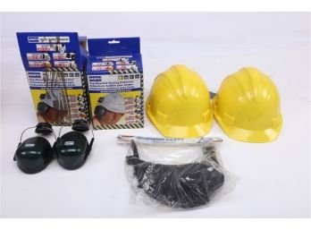 Assorted Safety Equipment Items Including Ear Protection, Hard Hats, And Face Guard Cap Mount Adapter