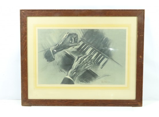 Vintage Signed Hands Playing Piano Charcoal Art Work  Well Done