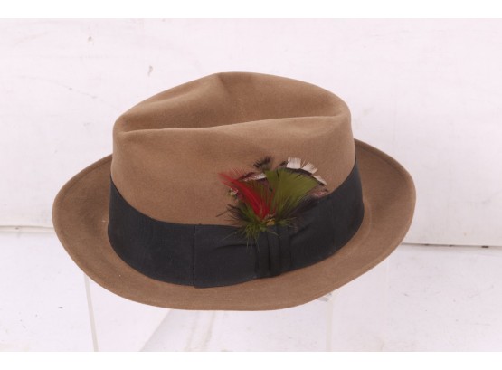 Vintage STETSON Men's Temple Felt Fedora Hat With Feather Trim Size 6 7/8