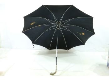 Vintage Umbrella Wit Flowers And Metal Silver Handle