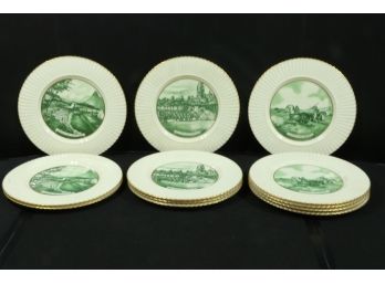 Group Of 12 Leno Currier & Ives Dinner Plates With Gold Ring