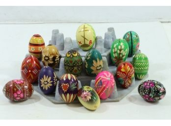Group Of 16 Hand Carved Wood Eggs