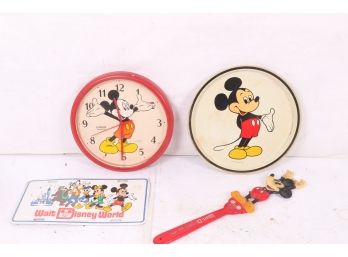 Group Of Vintage Mickey Mouse Items Includes Clock, License Plate, Tray & Stick