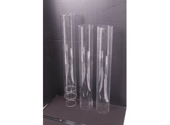 Group Of 3 Glass Cylinders  24' Tall With 1 Holder