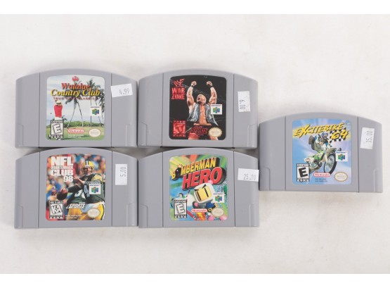 Lot Of 5 Nintendo 64 N64 Games Bomberman Hero Excitebike 64 WWF War Zone NFL 98 Waialae