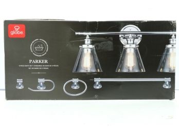 Globe Parker 3-Light Chrome Vanity Light W/ Clear Glass Shades & Bath 5 Pc. Set