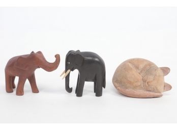 3 Hand Carved Wood Figures Icludes Ebony Elephant With Bone Tusks & Eyes