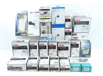 Large Group Of 24 Bathroom Accessories Including Toilet Paper Holders, Towel Rings And Hooks