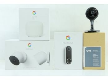 Group Of Google Nest Items Includes 2 Pack Nest Cams, Doorbell, Indoor Cam And Wifi Extender