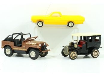 Group Of 3 Vintage Collectible Cars Sears Jeep, Yellow Promo Car And Bank