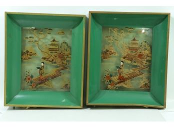 Pair Of Vintage Oriental Framed Light Box Japanese Paper Cut Shadow Box